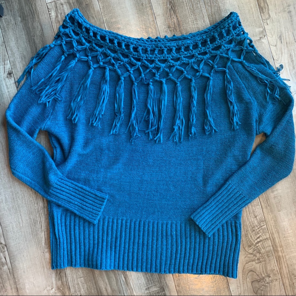 Umgee Blue Fringe Tassel Collar Knit Cotton Blend Sweater boho off shoulder